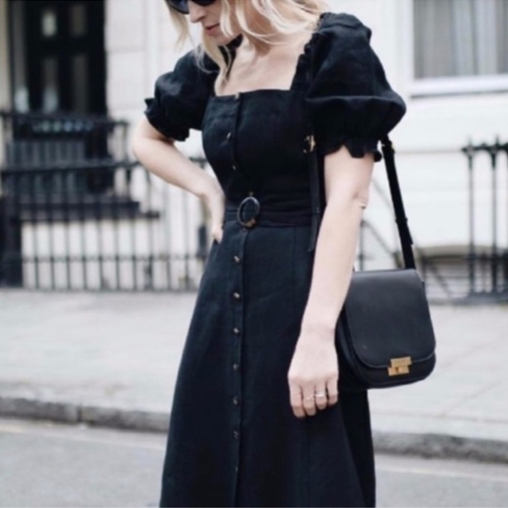 Sezane Linen Puff Sleeve Winona Dress 38 US 6
